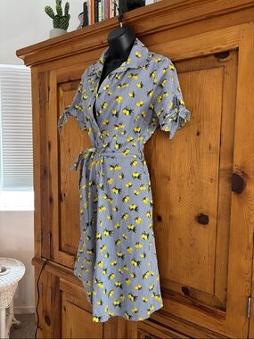 Chloe & Rene Pinstripe w Lemons cotton shirt sun dress w Pockets!  Sz Sm